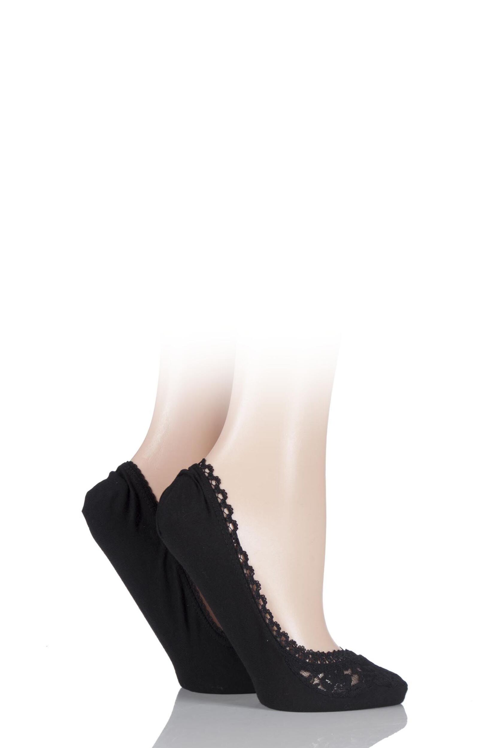 2 Pair Black Lacy and Plain Fashion Shoe Liners Ladies 4-8 Ladies - Elle