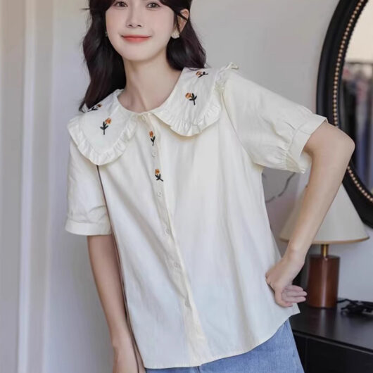 Academic Lolita Blouses Ruffles Embroidered Short Sleeves Blouse Lolita Top White Lolita Shirt