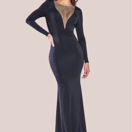 Diamante Fishnet Cowl Back Maxi - Black by Goddiva