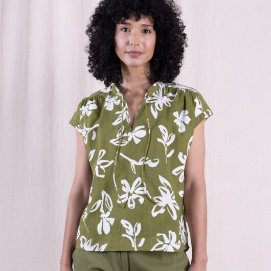 Nomads Cotton Poplin Flower Print Tie Neck Top - Verdant