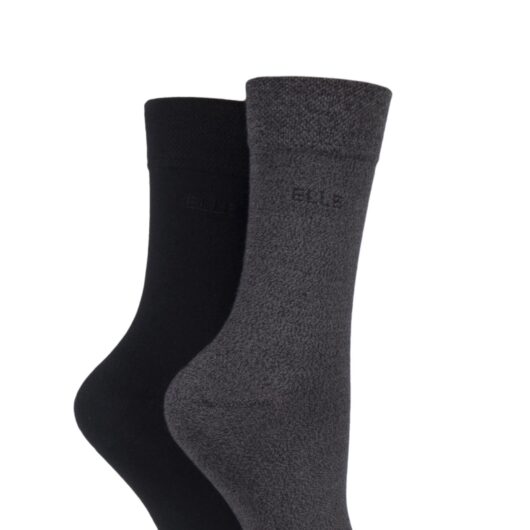 2 Pair Grey / Black Plain Bamboo Fibre Socks Ladies 4-8 Ladies - Elle