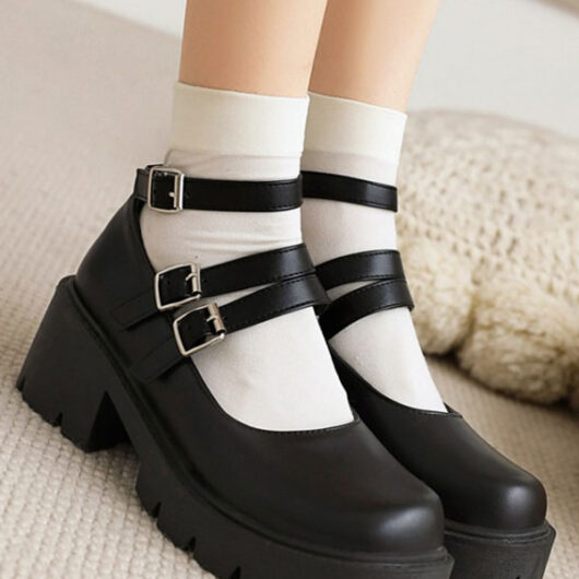 Academic Lolita Footwear Black Round Toe PU Leather Lolita Pumps