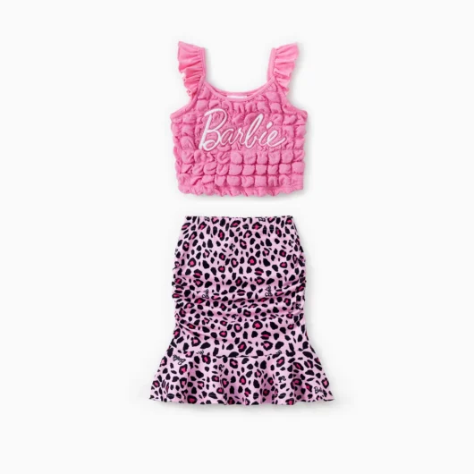 Barbie Mommy and Me Logo Embroidered Textured Fabric Tank Top and Allover Leopard Print Skirt Set