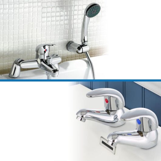 Nes Home - Studio Contemporary Set Of Twin Basin Taps & Bath Shower Mixer Tap With Handheld Kit