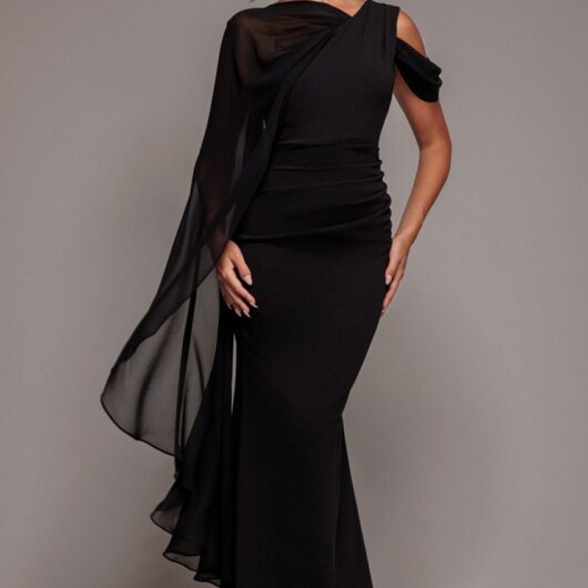 One Shoulder Chiffon Cape Crepe Maxi Dress - Black by Goddiva